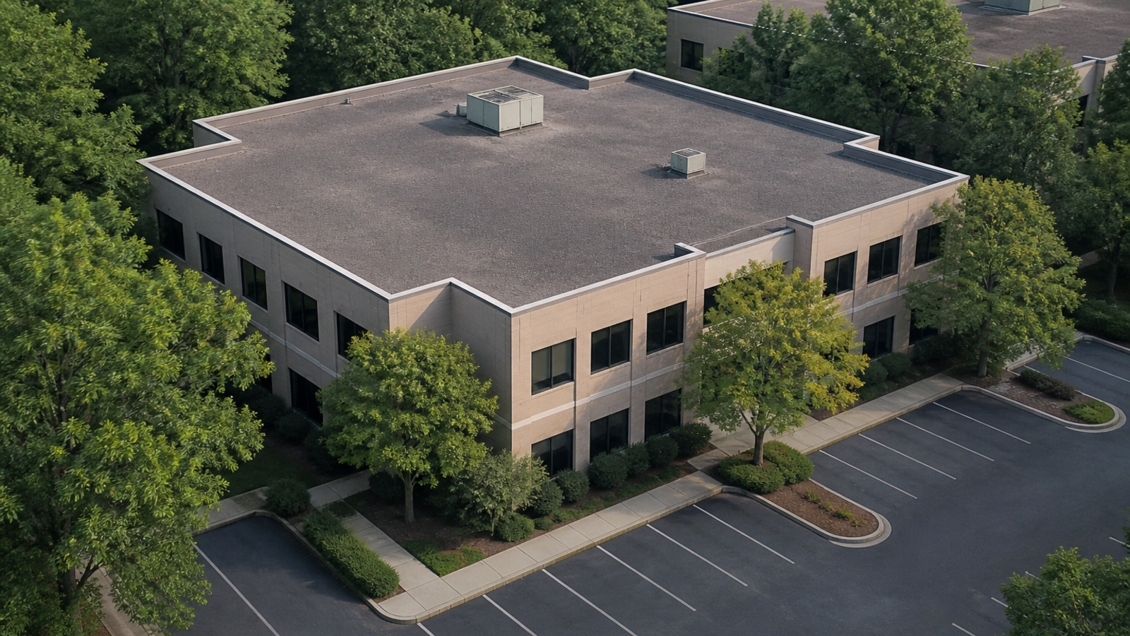 Fictional office building with trees close to the structure and a neighboring building on the adjacent lot