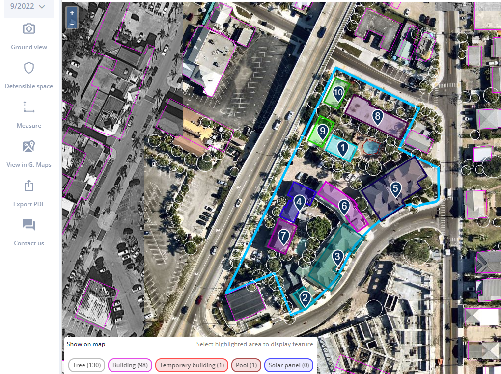 Underwriting Workspace: attribute panel, numbered building footprints, parcel outline, and detected trees on aerial imagery